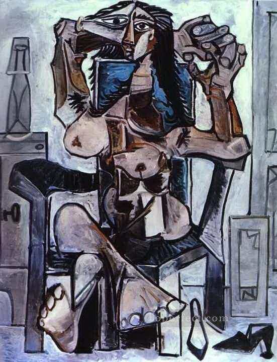 Nude in an Armchair with a Bottle of Evian Water a Glass and Shoes 1959 Pablo Picasso Oil Paintings